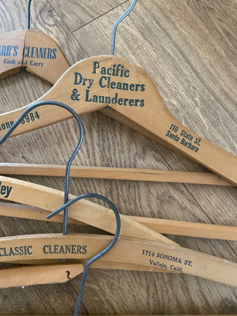 Vintage California Advertising Wood Hanger Lot 7 Hotel Cleaners Stores